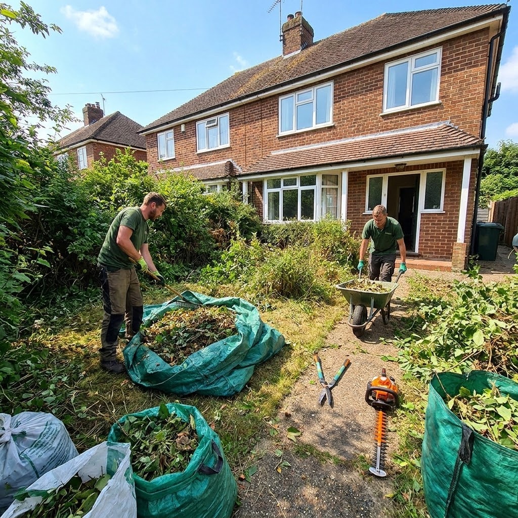 Overgrown garden being cleared and tidied in Hounslow by CJ Gardens garden clearance service